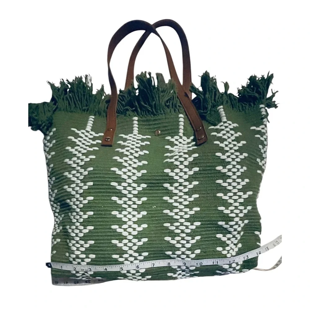 Green‎ White Woven Fringe Tote Bag Boho Knit Shoulder Bag with Leather Straps
